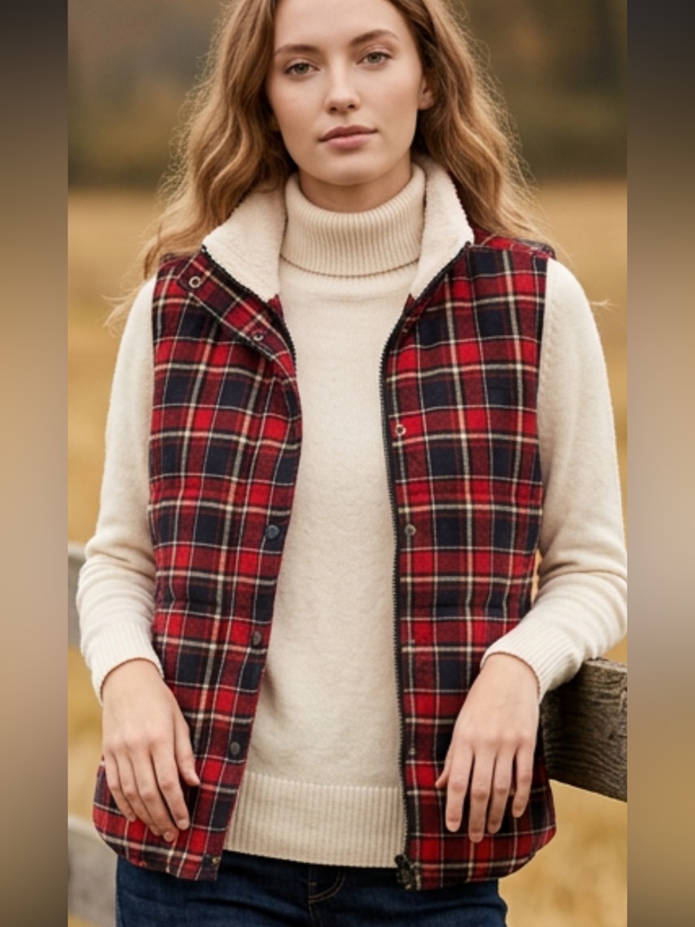 Skies Are Blue Sherpa Lined Red Plaid Vest NWT size L.